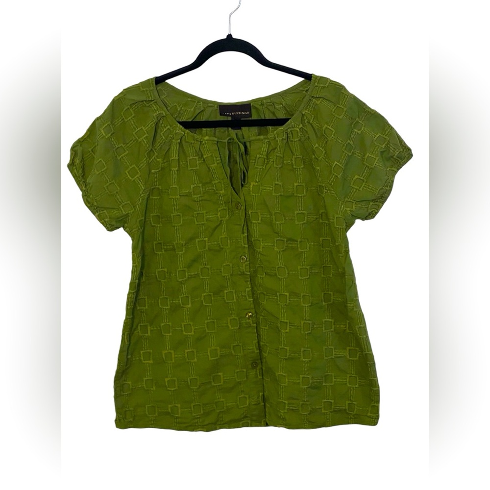 Dana Buchman Bohemian Brat Olive Green Button Down Blouse Size Small
